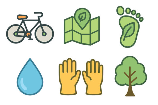 Sustainable lifestyle symbols for eco friendly living and travel. Set of 6 vector illustration
