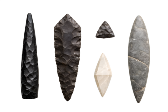 A diverse set of ancient hand-carved stone and obsidian tools, arrowheads, and artifacts from archeological findings, isolated on a white background