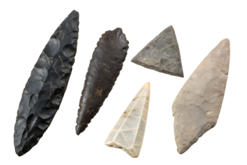 A collection of various prehistoric stone arrowheads and spearheads, including obsidian and flint, isolated on a clean white background for archaeological study