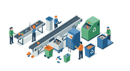 Recycling process with workers and machines in isometric style for sustainable waste management