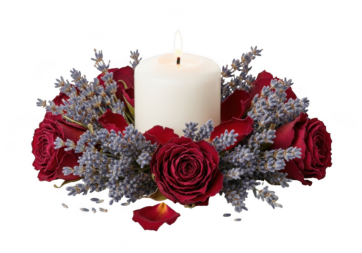White candle with red roses isolated on transparent background - Powered by Adobe