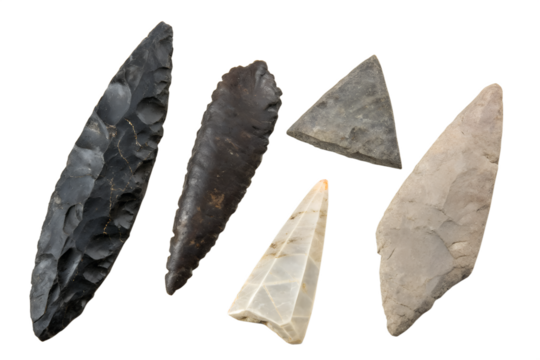 A collection of various prehistoric stone arrowheads and spearheads, including obsidian and flint, isolated on a clean white background for archaeological study