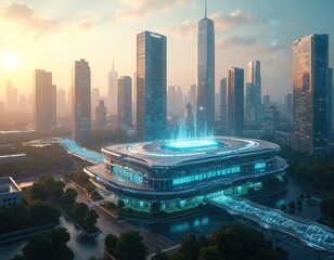 Futuristic hospital building in urban landscape. Smart grid tech powers the city. Modern architecture blends with digital infrastructure for advanced healthcare. Innovation and progress define city.