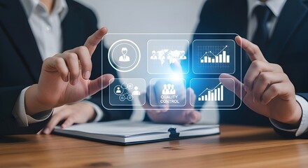 Business professionals interacting with a futuristic holographic interface displaying data analytics