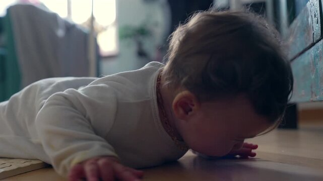 Baby crying on floor after effort, emotional moment showing frustration and fatigue during early exploration and developmental learning