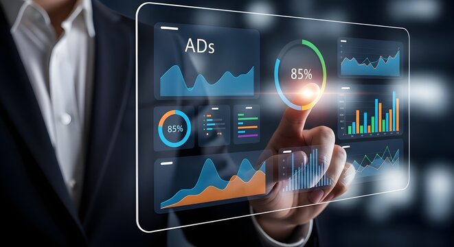 Businessman analyzing digital marketing data on a futuristic holographic interface