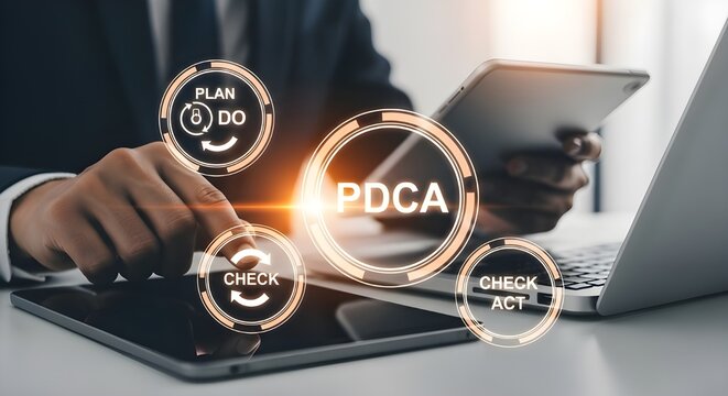 Businessman using pdca cycle on digital tablet for business improvement and planning