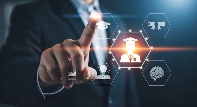 Businessman touching graduation cap icon on futuristic digital interface for education and career advancement