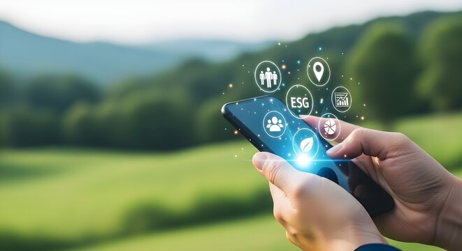 Person holding smartphone with glowing icons and nature background