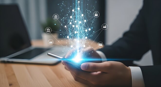 Businessman holding smartphone with glowing digital data stream and network icons