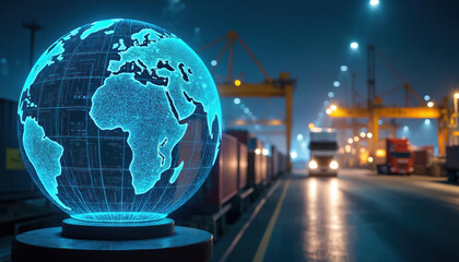 Holographic blue globe displays data streams above shipping containers and trucks at busy port. Cranes and lights illuminate industrial area at night. Global logistics operations are in full swing.