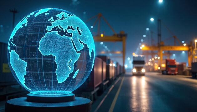 Holographic blue globe displays data streams above shipping containers and trucks at busy port. Cranes and lights illuminate industrial area at night. Global logistics operations are in full swing.