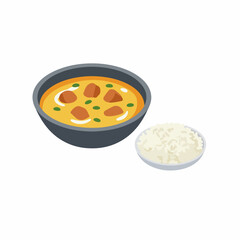 Flat Simple Chicken Curry Dish with Rice Culinary Illustration