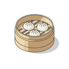 Isometric Illustration of Delicious Steamed Dumpling in Bamboo Steamer Food