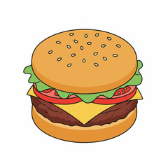 Handdrawn Sketch Burger Illustration with Lettuce, Cheese and Tomato for Fast Food Menu