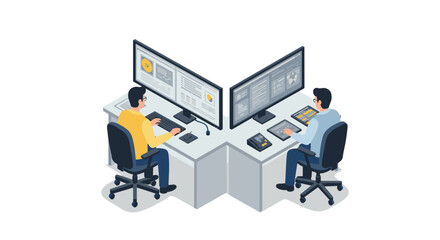 Fototapeta premium Isometric office workspace with two professionals at dual screen desks