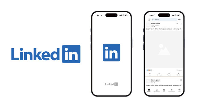 LinkedIn mobile app mockup template. iPhone with LinkedIn interface preview.
