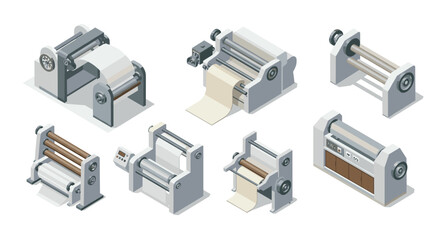 Isometric industrial printing machines set for manufacturing and production design