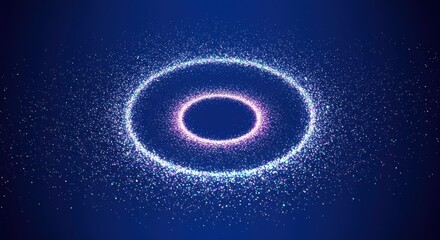 Glowing concentric particle rings radiate across a dark blue digital background