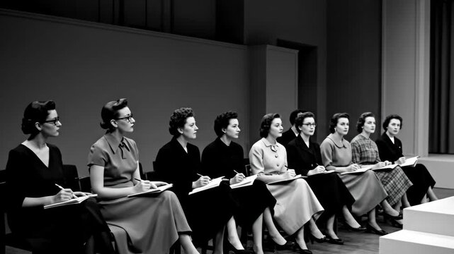 Vintage fashion runway with attentive audience observing models in elegant dresses