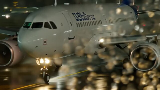 A commercial plane glides slowly over the rain-wet asphalt.