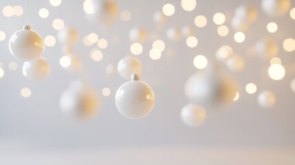 Simple white background with floating baubles and holiday lights