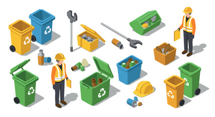 Isometric recycling theme with workers, bins, and tools in high visibility apparel