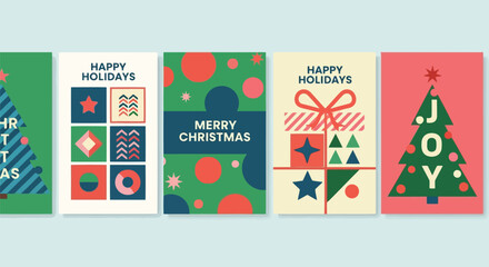Vector illustration of set of five festive christmas and happy holidays greeting cards featuring geometric designs, trees, and gift boxes