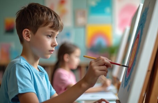 Young student boy paints colorful abstract picture on white canvas during art class. Uses brush, concentrating intently. Another child also draws nearby. Kids learn creative skills, develop fine