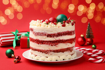 Delicious sponge cake with Christmas decor and berries on red background, closeup. Bokeh effect