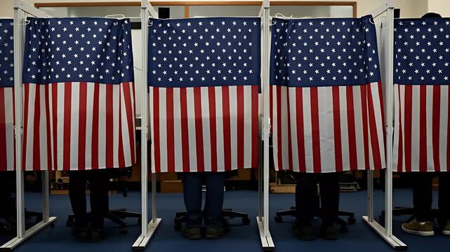 Multiple Voting Booths Lined Up with American Flags During Election Day with People Casting Ballots Inside in a Polling Station - Powered by Adobe