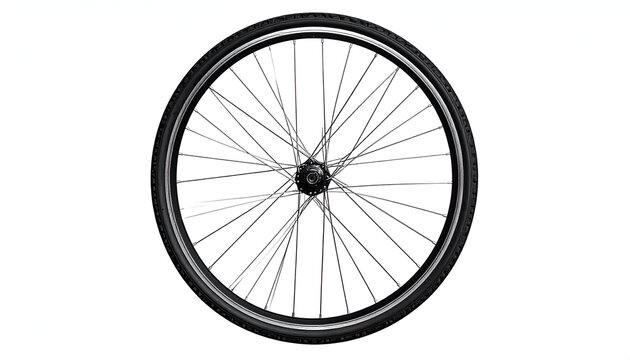 A bicycle wheel isolated on a white background, showcasing tire, spokes, and hub details