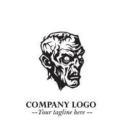 Head of Zombie Logo Symbol in Black on the White Background with Horror Minimal Vector Design