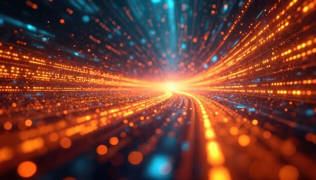Abstract digital data flow in cyberspace. Glowing orange, blue particles move quickly through futuristic network tunnel, showing high speed communication, modern tech concept. Tech background for