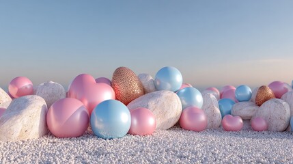 Abstract collection of colorful spherical and rounded shapes against a clear sky