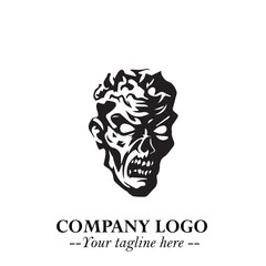 Head of Zombie Logo Symbol in Black on the White Background with Horror Minimal Vector Design