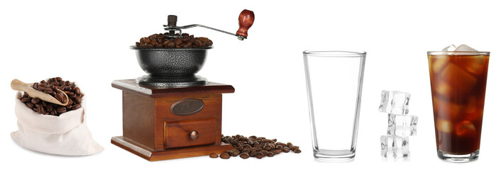 Iced coffee preparation on white background, collage