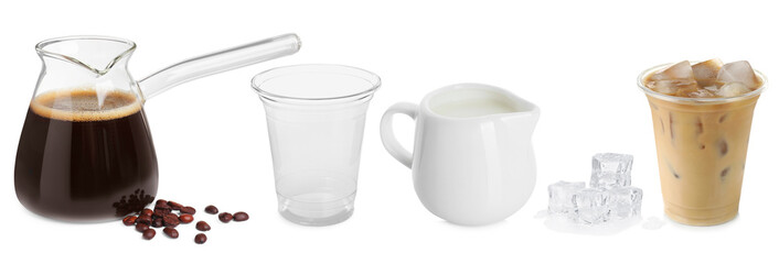 Iced coffee preparation on white background, collage