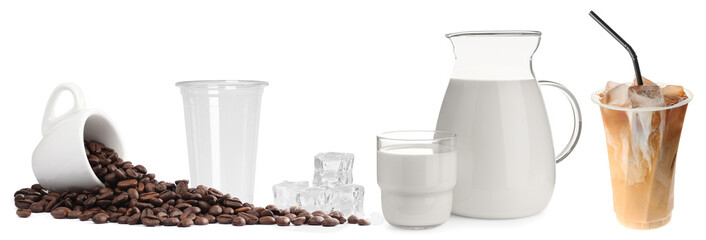 Iced coffee preparation on white background, collage