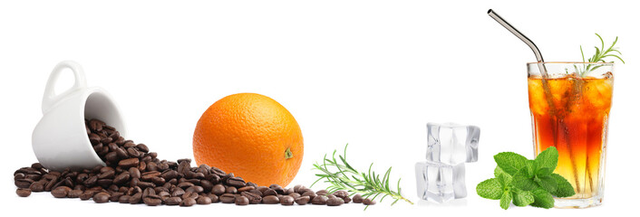 Iced coffee preparation on white background, collage