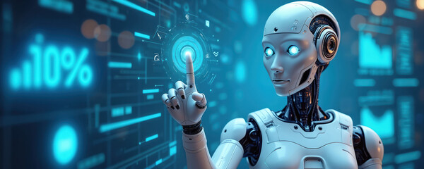 Android robot touches digital screen. Robot finger presses glowing blue button on futuristic interface. AI controls data, shows growth like 10 percent on tech background. Future machine interacts