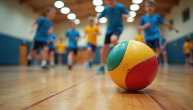 Close-up of colorful dodgeball rests on wood gym floor. Kids in blue, yellow shirts run in blurred background during exciting game. Many children play together enjoying active team sport activity in