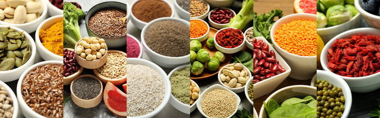 Superfood. Different food products and powders, collage