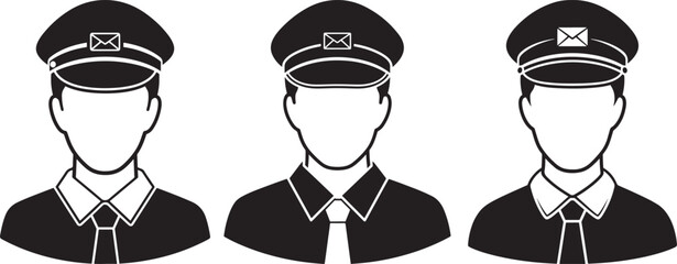 Three uniformed men in caps and collared shirts silhouette