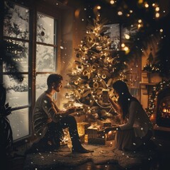 a couple exchanging gifts under the christmas tree, romantic cozy atmosphere