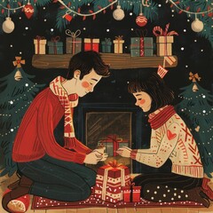 a couple exchanging gifts under the christmas tree, romantic cozy atmosphere