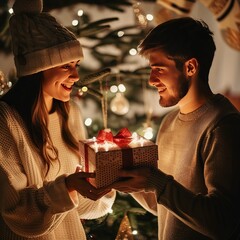 a couple exchanging gifts under the christmas tree, romantic cozy atmosphere