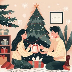 a couple exchanging gifts under the christmas tree, romantic cozy atmosphere