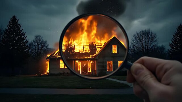 Dramatic View of a Burning House Through a Magnifying Glass at Night with Intense Flames and Smoke and Dark Sky and Silhouetted Trees and a Hand Holding the Magnifying Glass in the Foreground