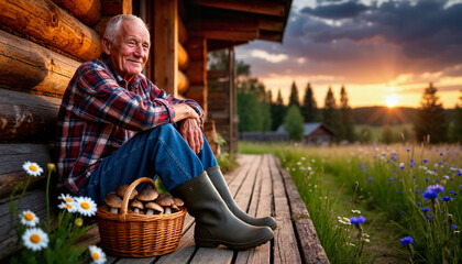 Elderly man sitting on porch with mushroom basket during sunset  